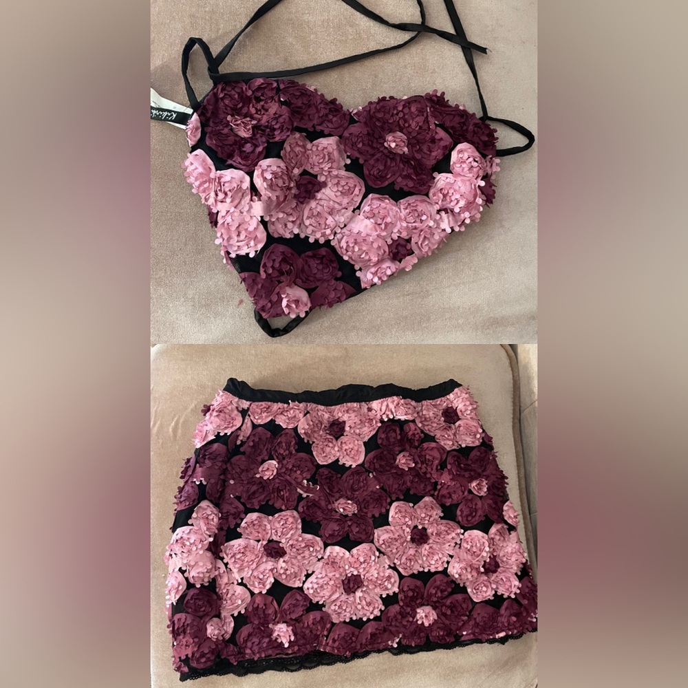 Kiki Riki Floral Embellished Top + Skirt set in Pink and Burgundy
